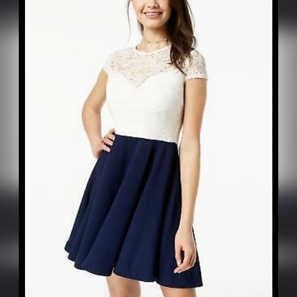 B. Darlin Cream Lace and Navy Bow Back Dress